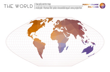 Triangular mesh of the world. McBryde-Thomas flat-polar sinusoidal equal-area projection of the world. Purple and orange colored polygons. Creative vector illustration.