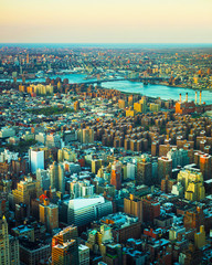 Aerial panoramic view on East Village in Downtown, New York city, NYC, USA, Williamsburg Bridge, Brooklyn. East River. Manhattan skyline. American architecture building. Panorama of Metropolis