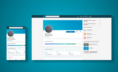 Profil CV inspirowany aplikacją w stylu Linkedin. Projekt responsywnego interfejsu dla smartfona i sieci. Media społecznościowe do wyszukiwania oferty, pracownika, pracy lub pracy w. Połączona ilustracja wektorowa.