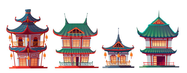 Chinese house building cartoon vector illustration. Traditional China or Japan architecture, characteristic city buildings, pagoda, religious temple or palace, isolated on white background