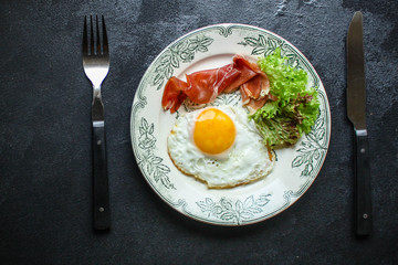 fried eggs, healthy food (delicious snack) menu concept. food background. top view. copy space