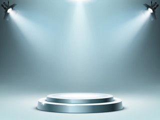 Round podium or stage in rays of spotlights, realistic vector illustration. Pedestal for winner or award ceremony, empty platform for presentation, performance or show at night club, soon coming