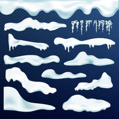 Vector set of snow caps, icicles, snowballs and snowdrift 