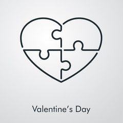 Obraz premium Día de san Valentín. Icono plano lineal corazón con piezas de puzzle en fondo gris
