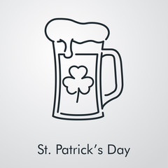 Día de San Patricio. Icono plano lineal jarra de cerveza de cristal con espuma con trébol en fondo gris