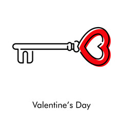 Día de san Valentín. Icono plano lineal llave vintage con forma de corazón con color rojo
