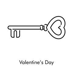 Día de san Valentín. Icono plano lineal llave vintage con forma de corazón en color negro