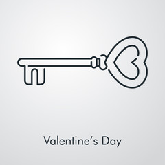 Día de san Valentín. Icono plano lineal llave vintage con forma de corazón en fondo gris