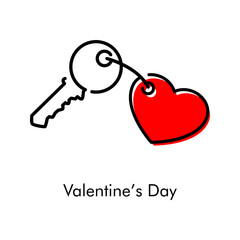 Día de san Valentín. Icono plano lineal llave con llavero en forma de corazón con color rojo