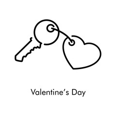 Día de san Valentín. Icono plano lineal llave con llavero en forma de corazón en color negro