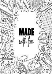 Tailor or dressmaker work and fashion designer atelier sketch items. Vector sewing illustration in retro vintage style