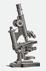 Large inclinable optical microscope with a square stage. Illustration after an antique engraving from the 19th century