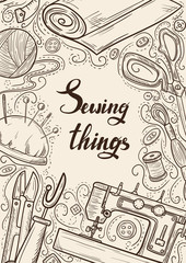 Tailor or dressmaker work and fashion designer atelier sketch items. Vector sewing illustration in retro vintage style