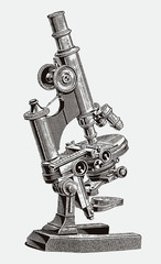 Large inclinable optical microscope with hinged joint and clamping lever. Illustration after antique engraving from 19th century