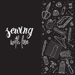 Tailor or dressmaker work and fashion designer atelier sketch items. Vector sewing illustration in retro vintage style on blackboard.