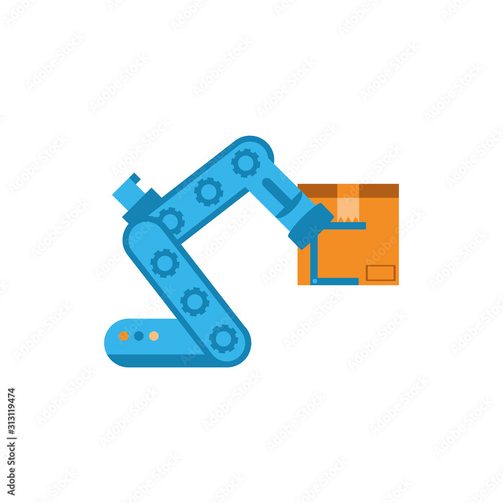 Poster isolated robot arm holding delivery box vector design