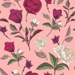 Vector floral seamless pattern with roses, tulips and chrysanthemum