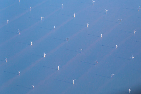 An aerial view of wind turbines in the North Sea 
