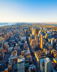 Aerial panoramic view on Skyline with Skyscrapers in Downtown and Lower Manhattan, New York City, America. USA. American architecture building. Panorama of Metropolis NYC. Metropolitan Cityscape