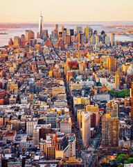 Aerial panoramic view on Skyline with Skyscrapers in Downtown and Lower Manhattan, New York City, America. USA. American architecture building. Panorama of Metropolis NYC. Metropolitan Cityscape