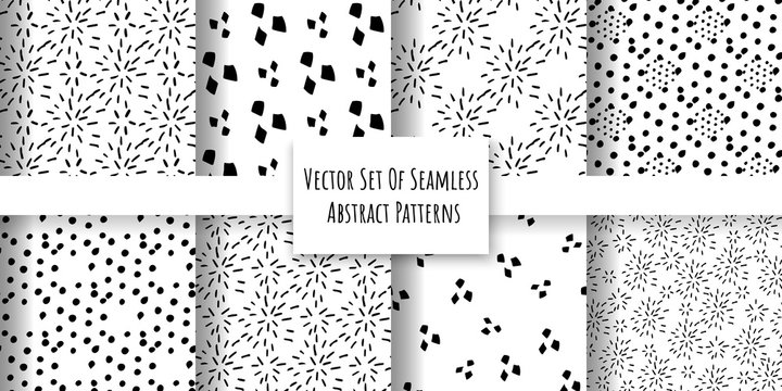 Vector set of abstract seamless patterns in naive style. Monochrome ornaments for fabrics, surfaces, paper wrapping. Minimalistic endless textures. Hygge design.