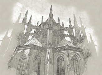 abstract architecture sketch style image of outdoors view of Prague cathedral