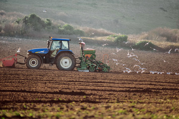 Obraz premium pretty landscape with a farmer planting fields in winter