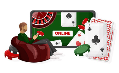 Man playing online casino with game objects on table