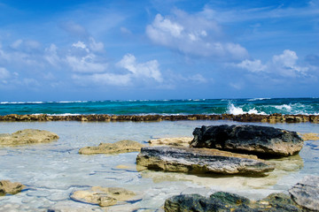 Beautiful Landscape with blue ocean and rocks on the beach