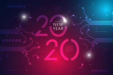 Fototapeta premium Happy new year 2020 design with futuristic technology background. Vector illustration