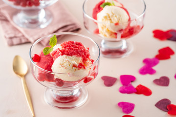 Ice cream for valentines day on a pink background. Background for valentines day.