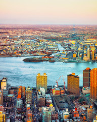Aerial panoramic view to Downtown Manhattan and Lower Manhattan New York, USA. Skyline with...