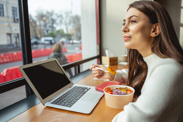 Profile photo of cute female that having lunch