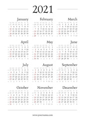 Classic gregorian calendar for 2021 year. A4 page 210x297mm. Week start sunday, elegant grid with Roman type, english language. Editable vector template for web and print design.