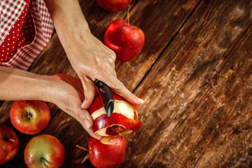 Apples and woman hands. Free space for your decoration. 