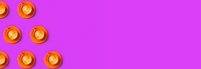 Purple web banner with orange cups of tasty coffee. Flat lay, top view, copy space.