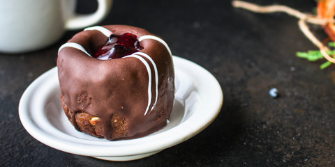 chocolate cake desert, festive table setting (coffee, gifts, sweets) menu concept. food background. top view. copy space