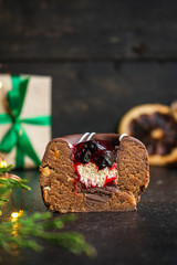 chocolate cake desert, festive table setting (coffee, gifts, sweets) menu concept. food background. top view. copy space