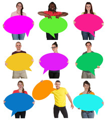Group of young people with speech bubbles copyspace copy space isolated on white