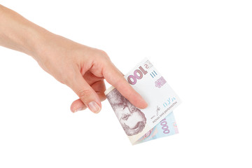 Thousand hryvnias by one banknote in the hand, isolated