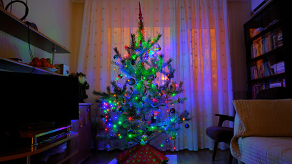 Christmas tree with illumination in the interior of the room