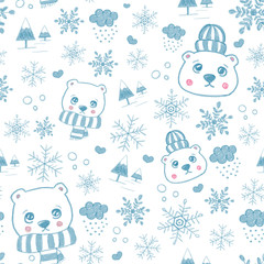 Illustration  of bears in winter  seamless pattern with snowflakes, snowy pines, clouds, snow and hearts. Cute pastel backgrounds for invitation, card, textile, fabric, web.