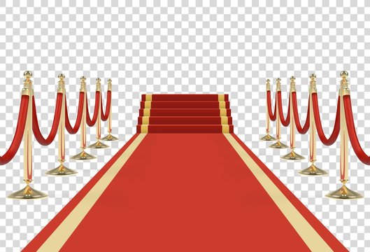 Red carpet on stairs with red ropes on golden stanchions