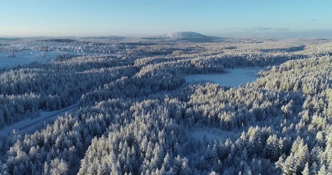 Backward aerial video of vast finnish wilderness and taiga forest with a highway cutting through it at winter.
