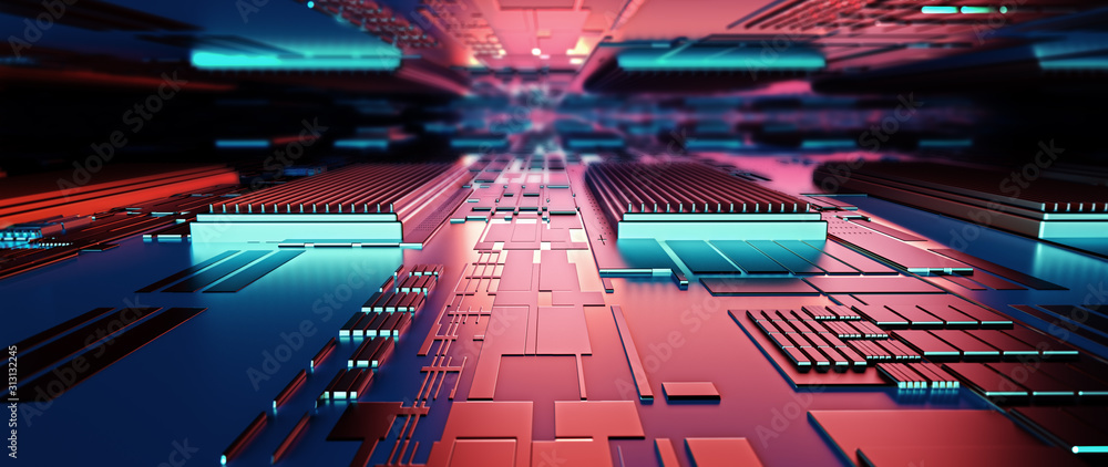 Poster Circuit board futuristic server code processing. Red,  green, blue technology background with bokeh. 3d rendering