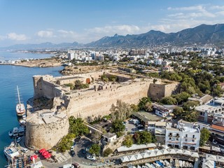 Aerial view of Sea port and Old Town of Kyrenia (Girne) is a city on the north coast of Cyprus.