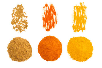 Spice on white isolated background: masala, red chili pepper, turmeric. Diet and weight loss concept