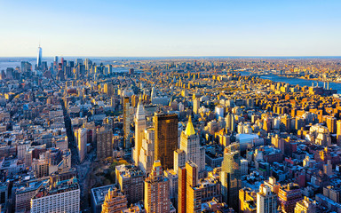 Aerial panoramic view on Skyline with Skyscrapers in Downtown and Lower Manhattan, New York City, America. USA. American architecture building. Panorama of Metropolis NYC. Metropolitan Cityscape