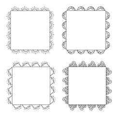 Four square black-and-white frames with suns, clouds and decorative elements. Isolated frames on white background for your design