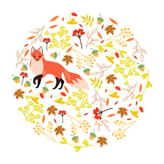 Circle of autumn decorative elements and fox. Can be used as emblem or logo. Vector graphics.